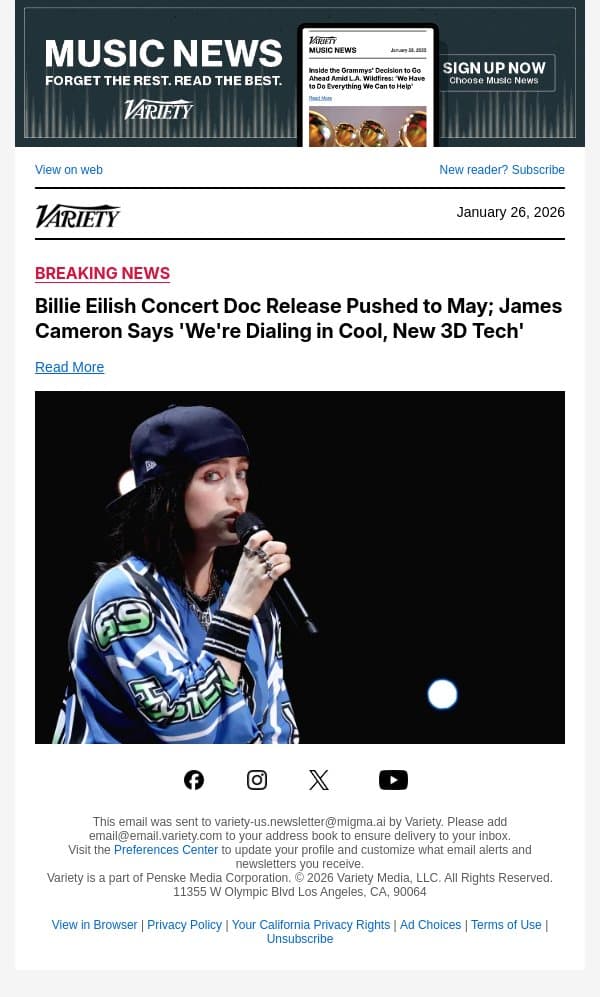 Billie Eilish Concert Doc Release Pushed to May; James Cameron Says 'We're Dialing in Cool, New 3D Tech' email from Variety screenshot