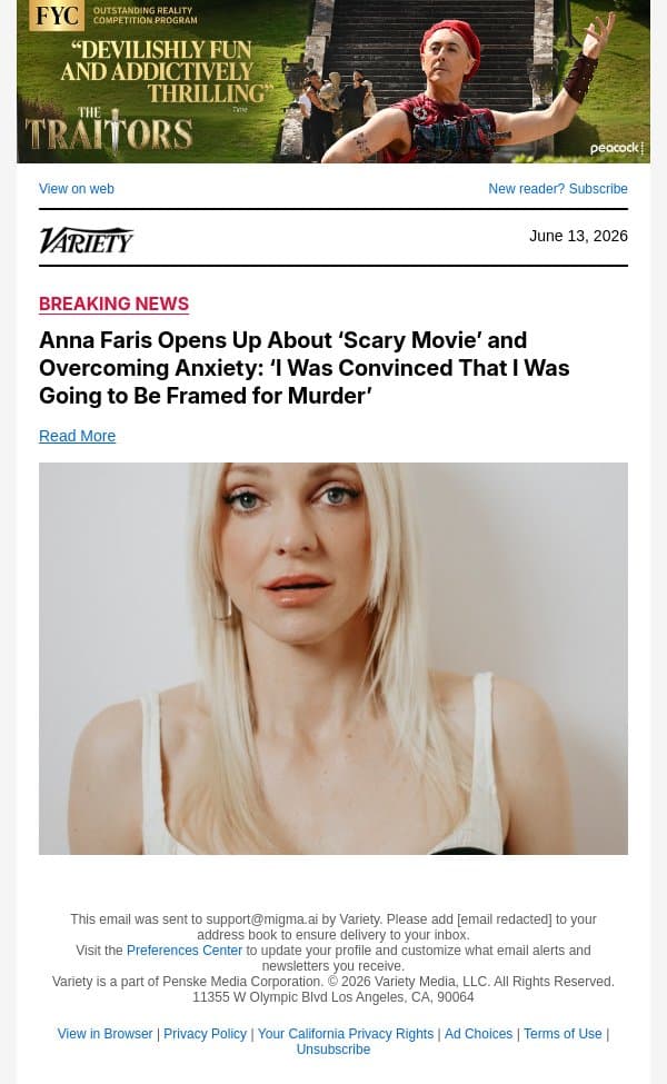Anna Faris Opens Up About ‘Scary Movie’ and Overcoming Anxiety: ‘I Was Convinced That I Was Going to Be Framed for Murder’ email from Variety screenshot