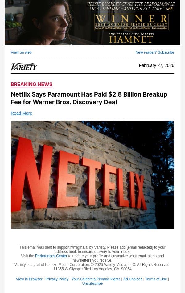 Netflix Says Paramount Has Paid $2.8 Billion Breakup Fee for Warner Bros. Discovery Deal email from Variety screenshot