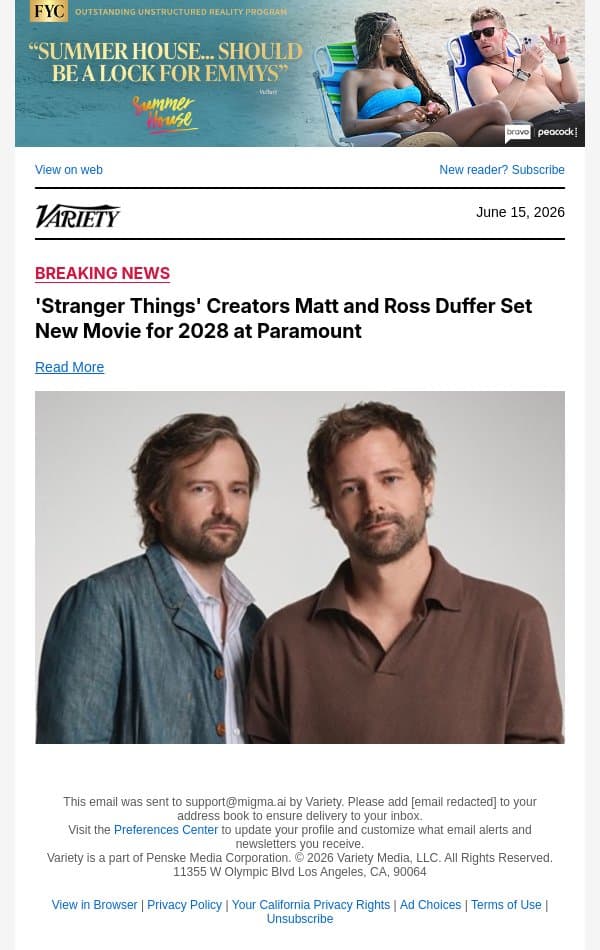 'Stranger Things' Creators Matt and Ross Duffer Set New Movie for 2028 at Paramount email from Variety screenshot