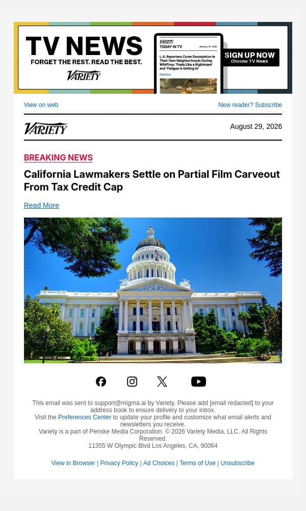 California Lawmakers Settle on Partial Film Carveout From Tax Credit Cap email from Variety screenshot