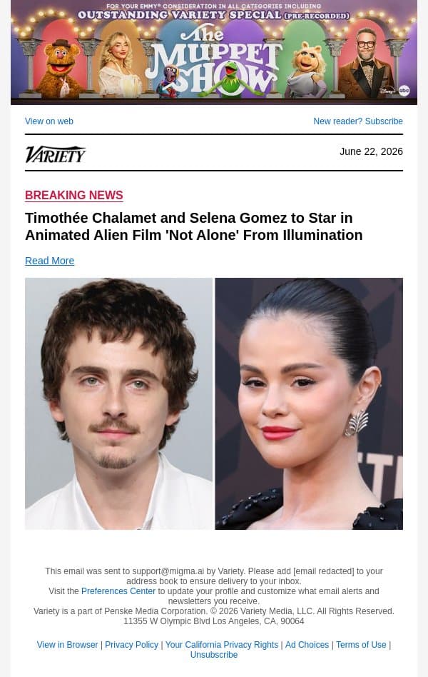 Timothée Chalamet and Selena Gomez to Star in Animated Alien Film 'Not Alone' From Illumination email from Variety screenshot