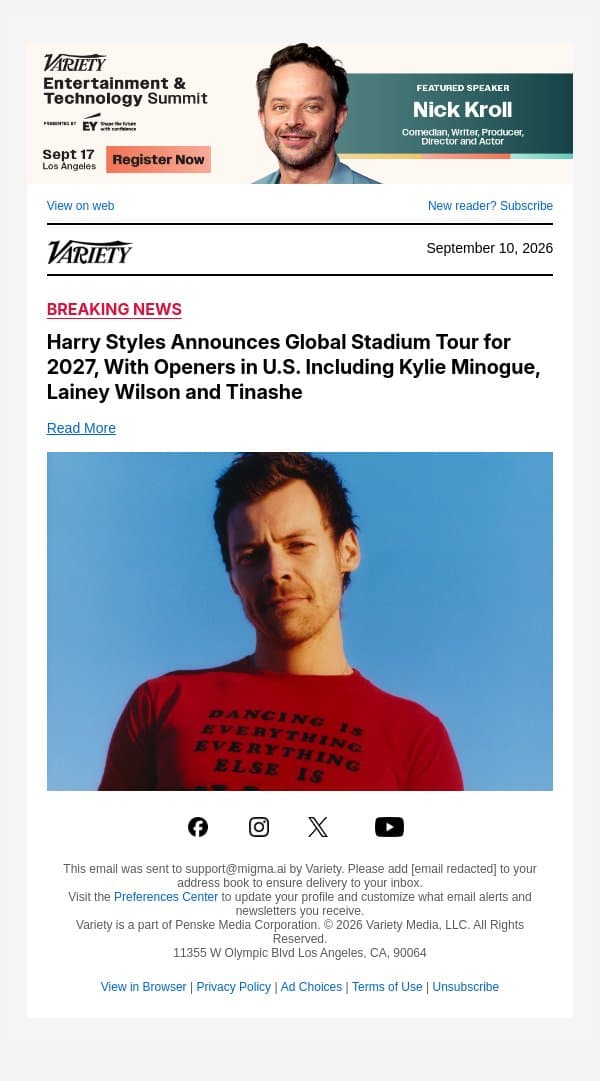 Harry Styles Announces Global Stadium Tour for 2027, With Openers in U.S. Including Kylie Minogue, Lainey Wilson and Tinashe email from Variety screenshot