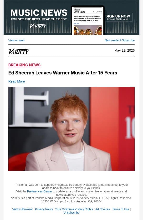 Ed Sheeran Leaves Warner Music After 15 Years email from Variety screenshot