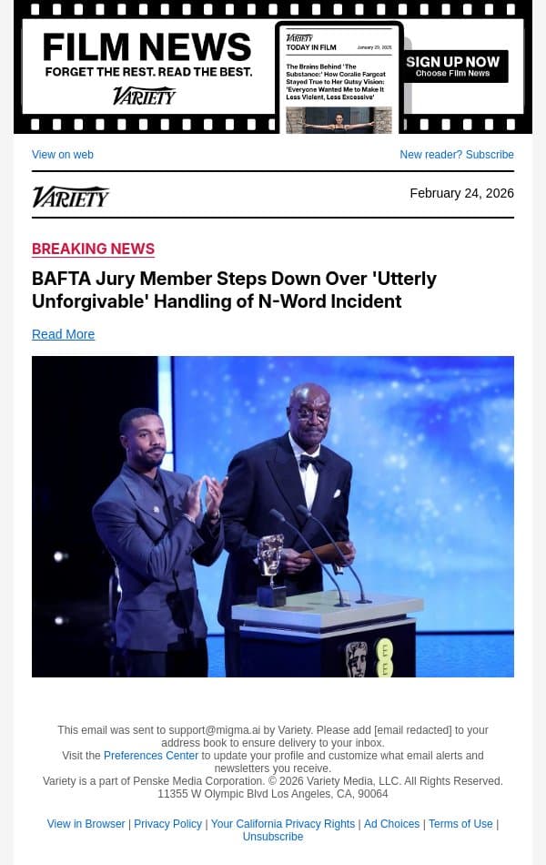 BAFTA Jury Member Steps Down Over 'Utterly Unforgivable' Handling of N-Word Incident email from Variety screenshot