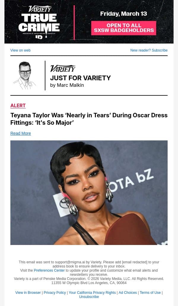 Teyana Taylor Was ‘Nearly in Tears’ During Oscar Dress Fittings: ‘It's So Major’ email from Variety screenshot