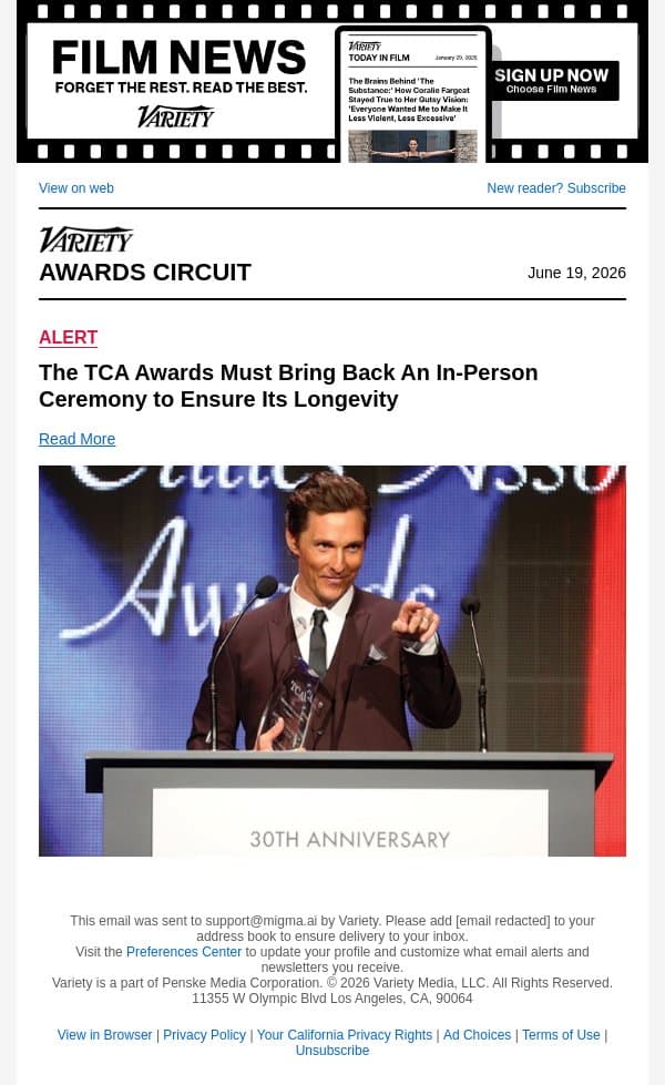 The TCA Awards Must Bring Back An In-Person Ceremony to Ensure Its Longevity email from Variety screenshot