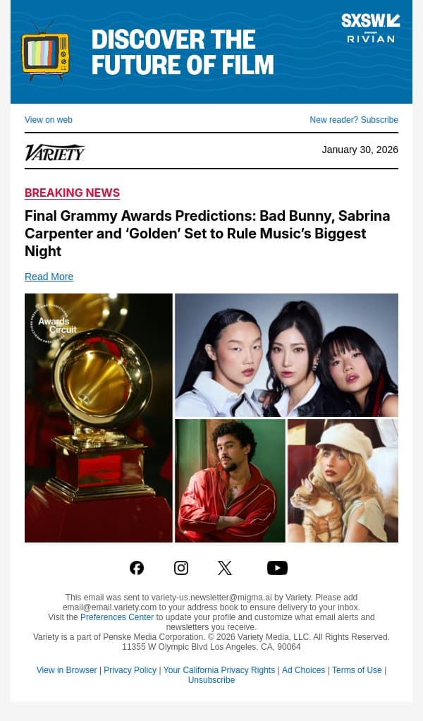 Final Grammy Awards Predictions: Bad Bunny, Sabrina Carpenter and ‘Golden’ Set to Rule Music’s Biggest Night email from Variety screenshot