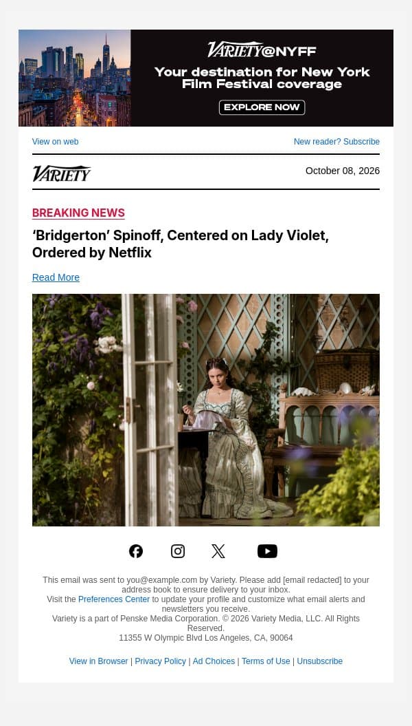 ‘Bridgerton’ Spinoff, Centered on Lady Violet, Ordered by Netflix email from Variety screenshot