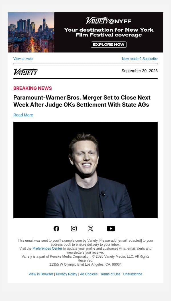 Paramount-Warner Bros. Merger Set to Close Next Week After Judge OKs Settlement With State AGs email from Variety screenshot