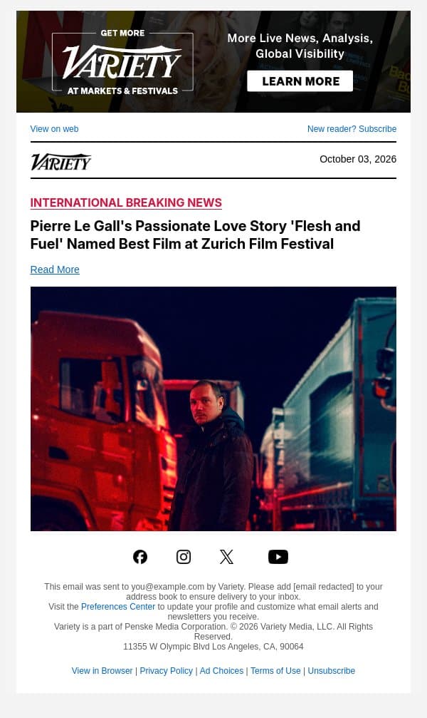 Pierre Le Gall's Passionate Love Story 'Flesh and Fuel' Named Best Film at Zurich Film Festival email from Variety screenshot