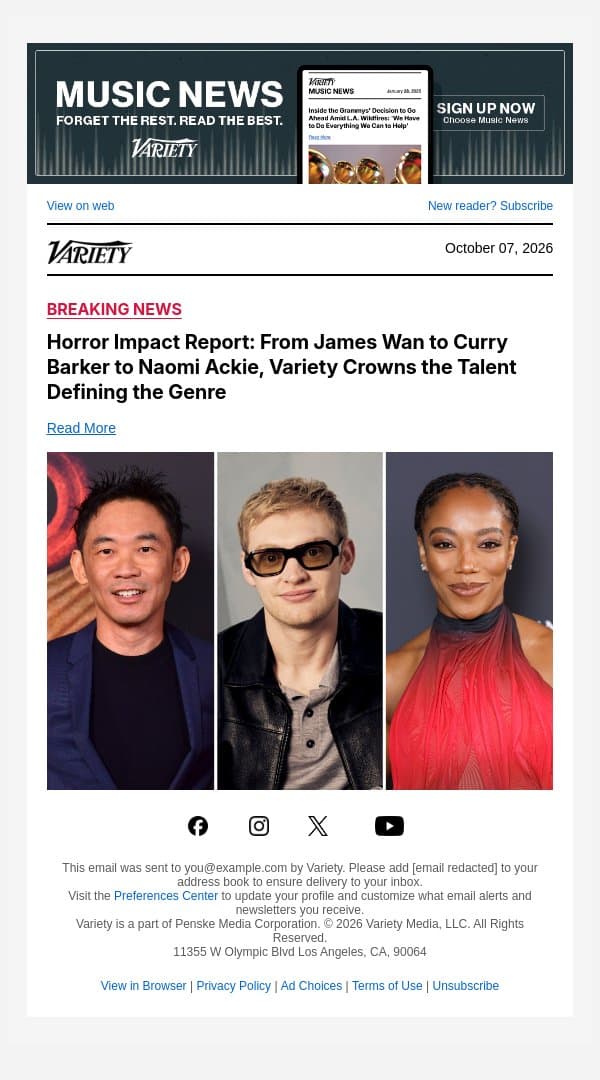 Horror Impact Report: From James Wan to Curry Barker to Naomi Ackie, Variety Crowns the Talent Defining the Genre email from Variety screenshot