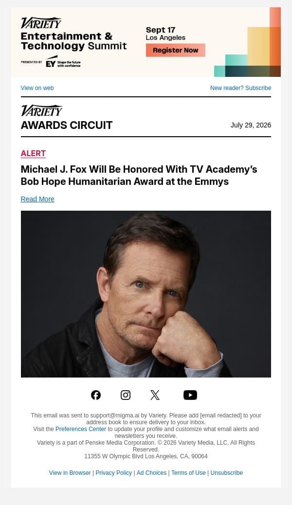 Michael J. Fox Will Be Honored With TV Academy’s Bob Hope Humanitarian Award at the Emmys email from Variety screenshot