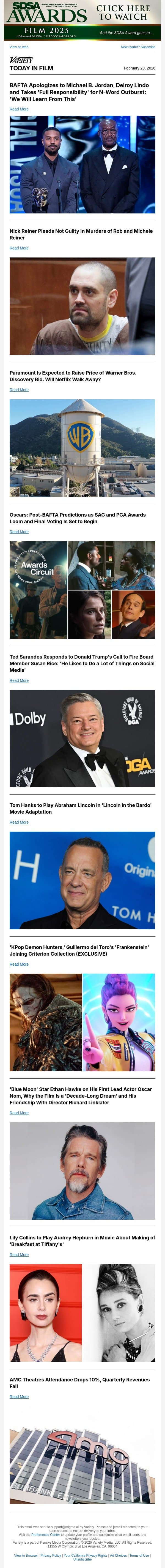 BAFTA Apologizes; Nick Reiner Pleads Not Guilty; Paramount Expected to Raise WB Bid email from Variety screenshot