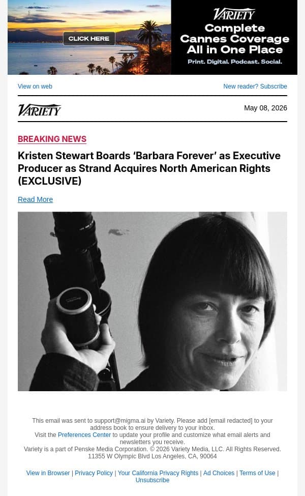 Kristen Stewart Boards ‘Barbara Forever’ as Executive Producer as Strand Acquires North American Rights (EXCLUSIVE) email from Variety screenshot