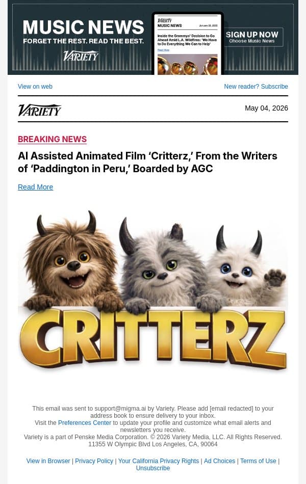 AI Assisted Animated Film ‘Critterz,’ From the Writers of ‘Paddington in Peru,’ Boarded by AGC email from Variety screenshot