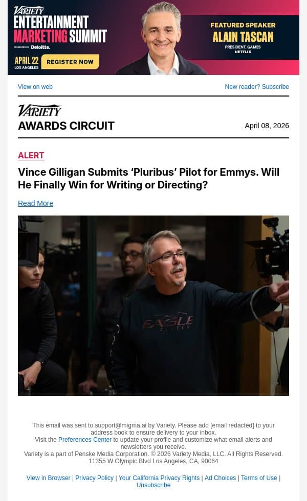 Vince Gilligan Submits ‘Pluribus’ Pilot for Emmys. Will He Finally Win for Writing or Directing? email from Variety screenshot