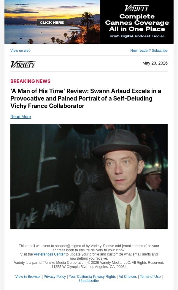 'A Man of His Time' Review: Swann Arlaud Excels in a Provocative and Pained Portrait of a Self-Deluding Vichy France Collaborator email from Variety screenshot