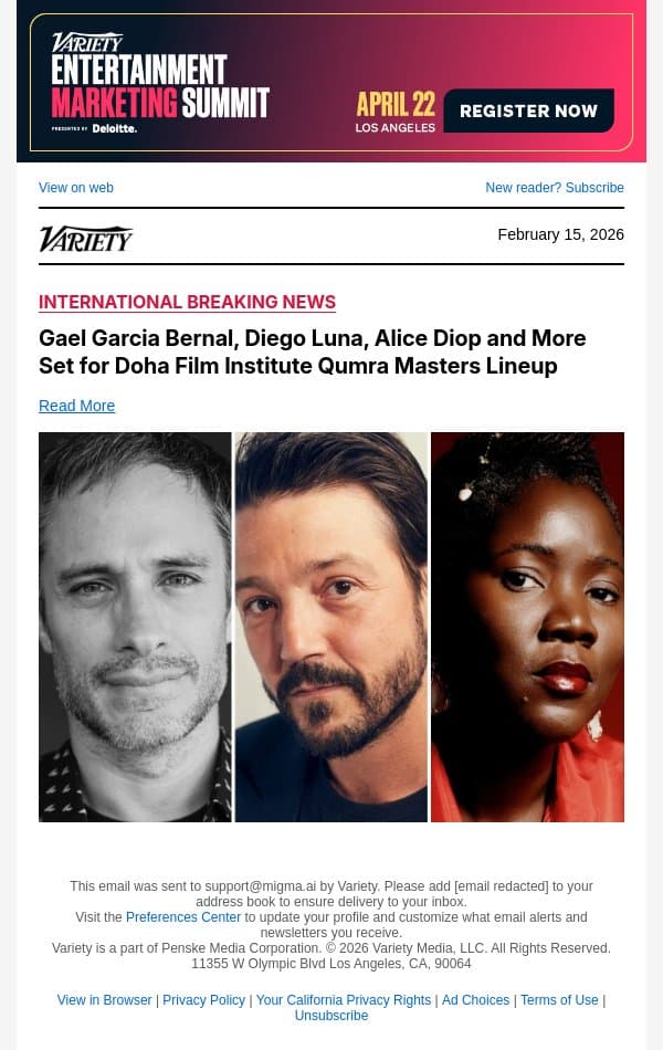 Gael Garcia Bernal, Diego Luna, Alice Diop and More Set for Doha Film Institute Qumra Masters Lineup email from Variety screenshot