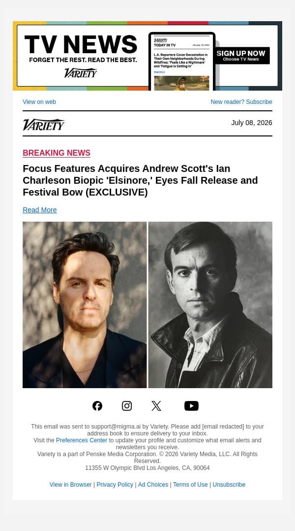 Focus Features Acquires Andrew Scott's Ian Charleson Biopic 'Elsinore,' Eyes Fall Release and Festival Bow (EXCLUSIVE) email from Variety screenshot