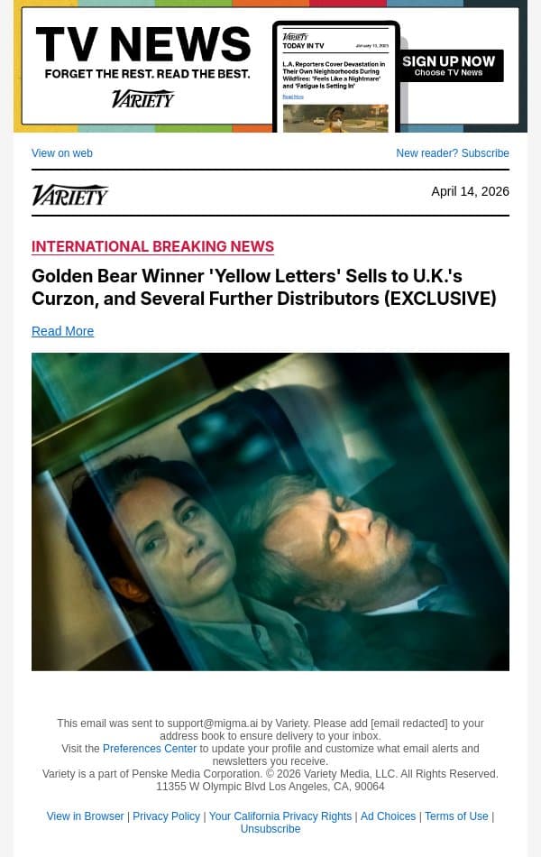 Golden Bear Winner 'Yellow Letters' Sells to U.K.'s Curzon, and Several Further Distributors (EXCLUSIVE) email from Variety screenshot