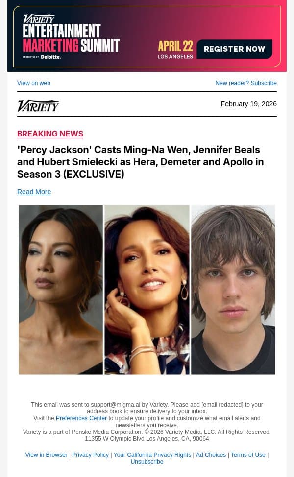 'Percy Jackson' Casts Ming-Na Wen, Jennifer Beals and Hubert Smielecki as Hera, Demeter and Apollo in Season 3 (EXCLUSIVE) email from Variety screenshot