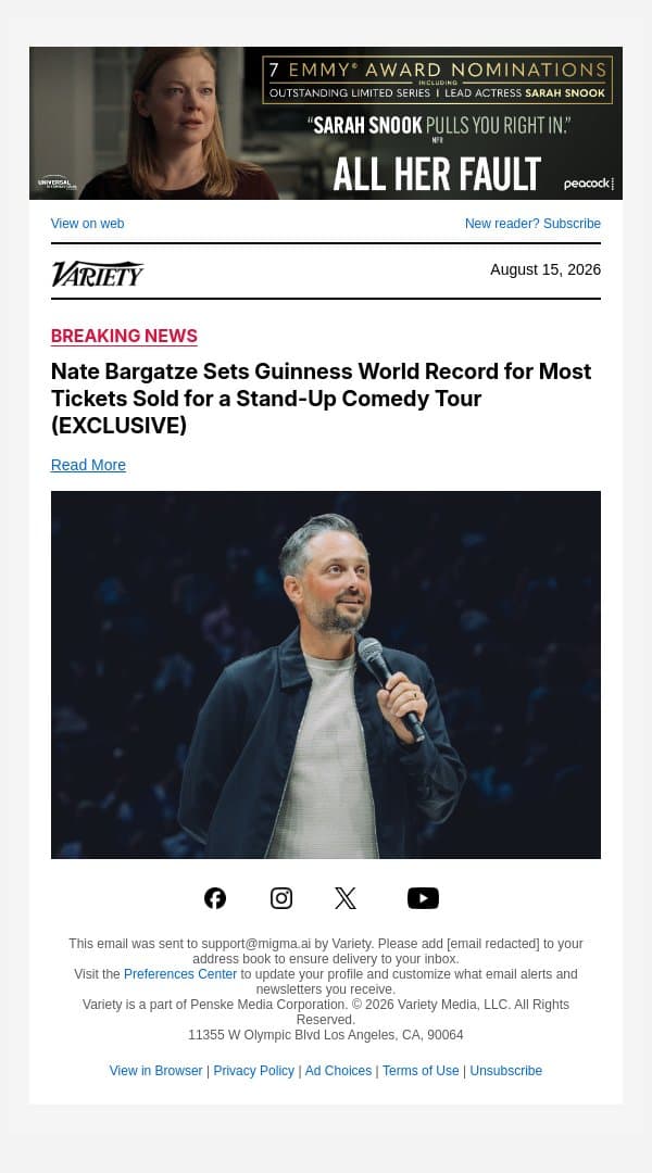 Nate Bargatze Sets Guinness World Record for Most Tickets Sold for a Stand-Up Comedy Tour (EXCLUSIVE) email from Variety screenshot