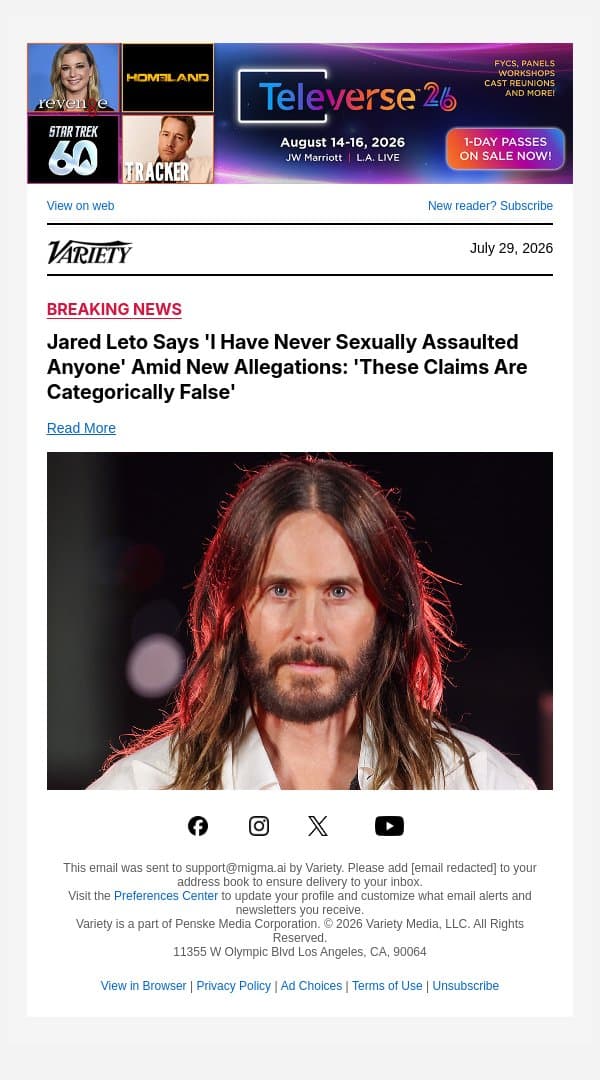 Jared Leto Says 'I Have Never Sexually Assaulted Anyone' Amid New Allegations: 'These Claims Are Categorically False' email from Variety screenshot