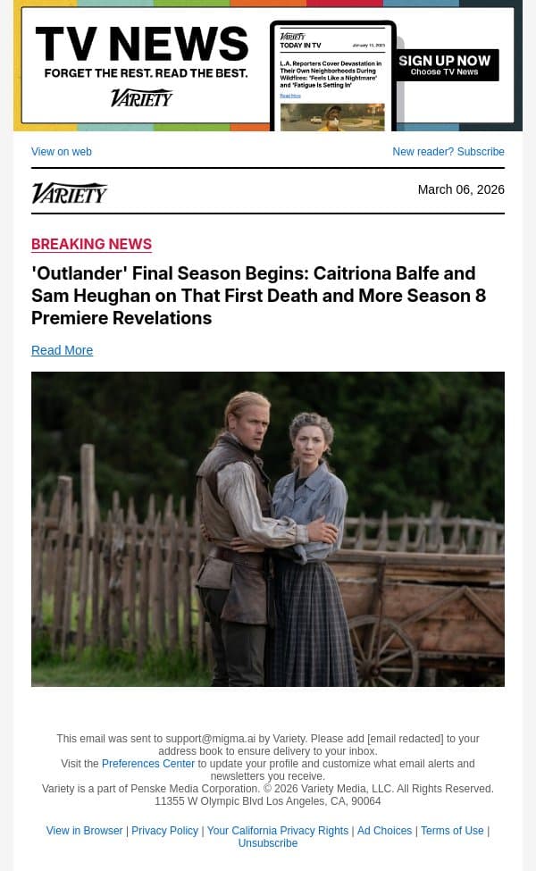 'Outlander' Final Season Begins: Caitriona Balfe and Sam Heughan on That First Death and More Season 8 Premiere Revelations email from Variety screenshot