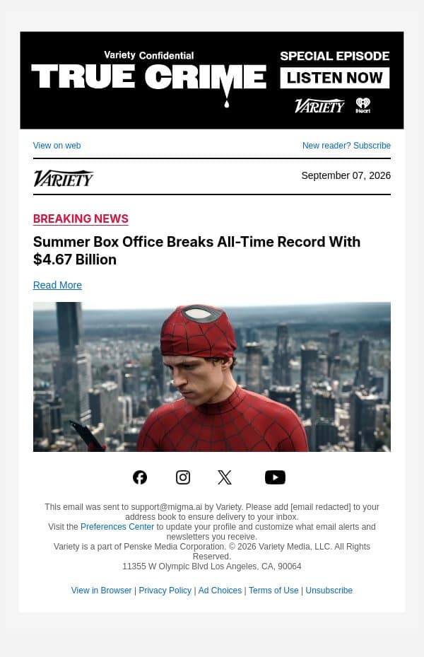 Summer Box Office Breaks All-Time Record With $4.67 Billion email from Variety screenshot