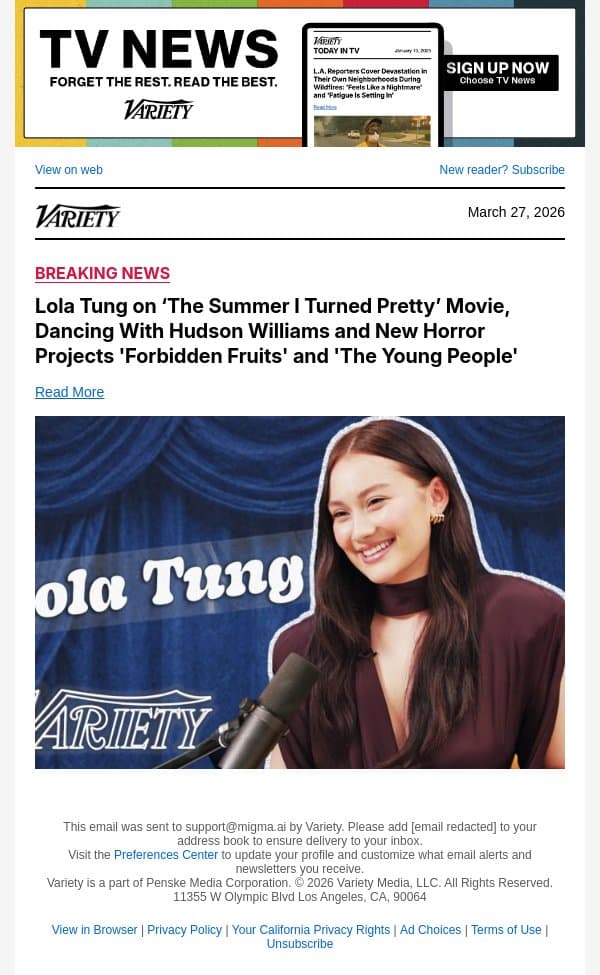 Lola Tung on ‘The Summer I Turned Pretty’ Movie, Dancing With Hudson Williams and New Horror Projects 'Forbidden Fruits' and 'The Young People' email from Variety screenshot