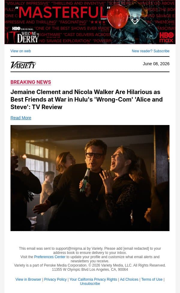 Jemaine Clement and Nicola Walker Are Hilarious as Best Friends at War in Hulu's 'Wrong-Com' 'Alice and Steve': TV Review email from Variety screenshot