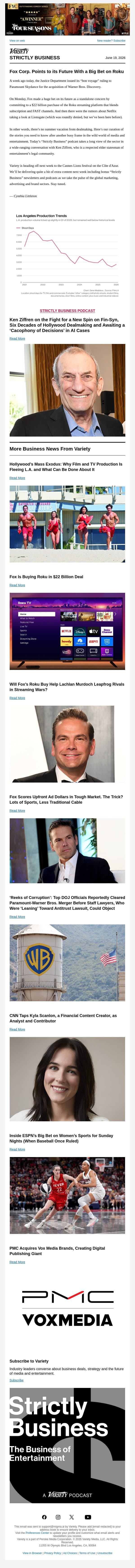 Strictly Business Newsletter & Podcast: Fox Points to its Future With Roku Buy; Hollywood’s Mass Exodus; ESPN Bets on Women’s Sports; PMC Acquires Vox Media; Ken Ziffren on Six Decades of Dealmaking email from Variety screenshot
