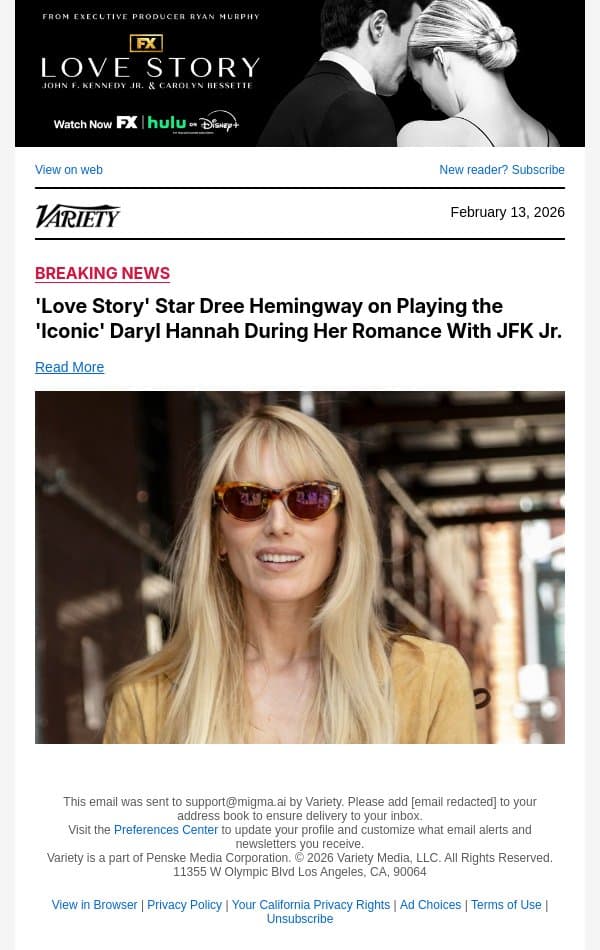 'Love Story' Star Dree Hemingway on Playing the 'Iconic' Daryl Hannah During Her Romance With JFK Jr. email from Variety screenshot