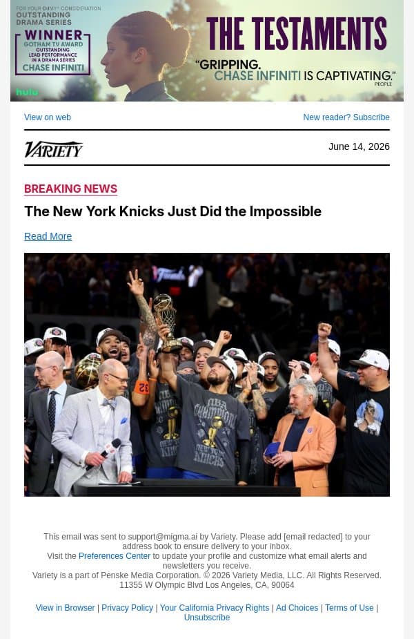 The New York Knicks Just Did the Impossible email from Variety screenshot