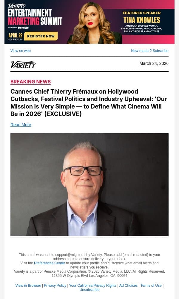 Cannes Chief Thierry Frémaux on Hollywood Cutbacks, Festival Politics and Industry Upheaval: 'Our Mission Is Very Simple — to Define What Cinema Will Be in 2026' (EXCLUSIVE) email from Variety screenshot