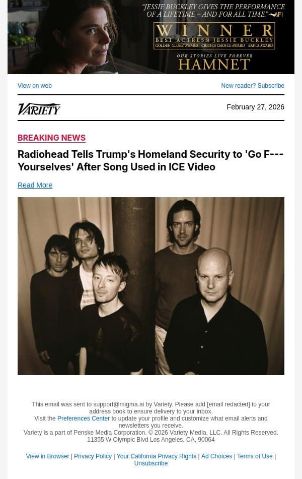 Radiohead Tells Trump's Homeland Security to 'Go F--- Yourselves' After Song Used in ICE Video email from Variety screenshot