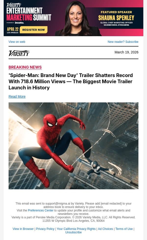 'Spider-Man: Brand New Day' Trailer Shatters Record With 718.6 Million Views — The Biggest Movie Trailer Launch in History email from Variety screenshot