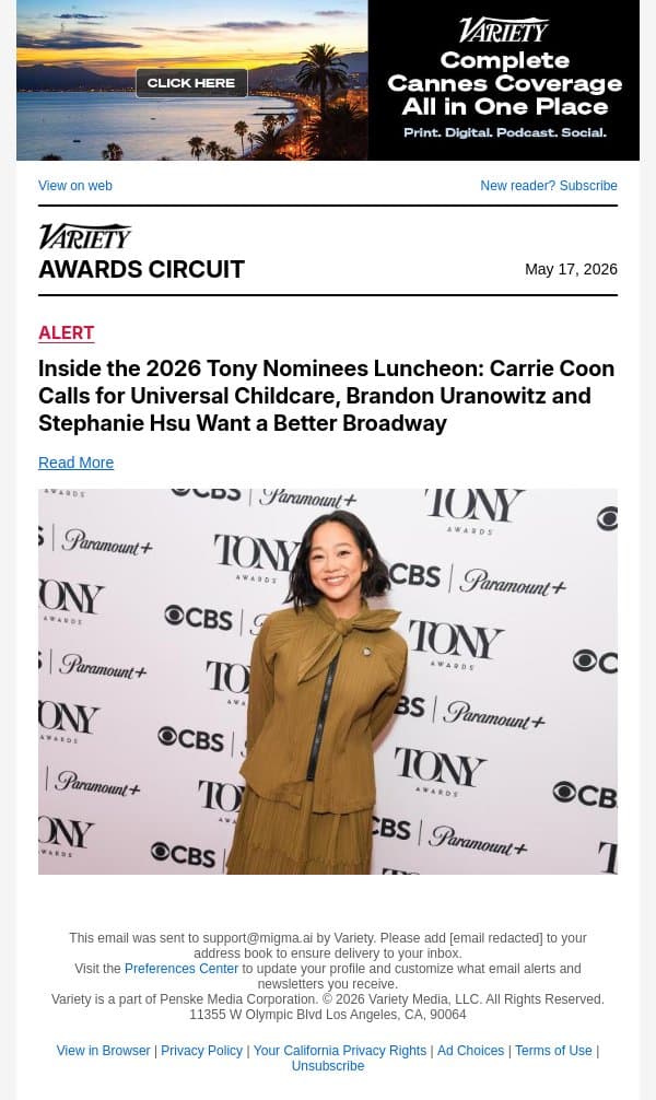 Inside the 2026 Tony Nominees Luncheon: Carrie Coon Calls for Universal Childcare, Brandon Uranowitz and Stephanie Hsu Want a Better Broadway email from Variety screenshot