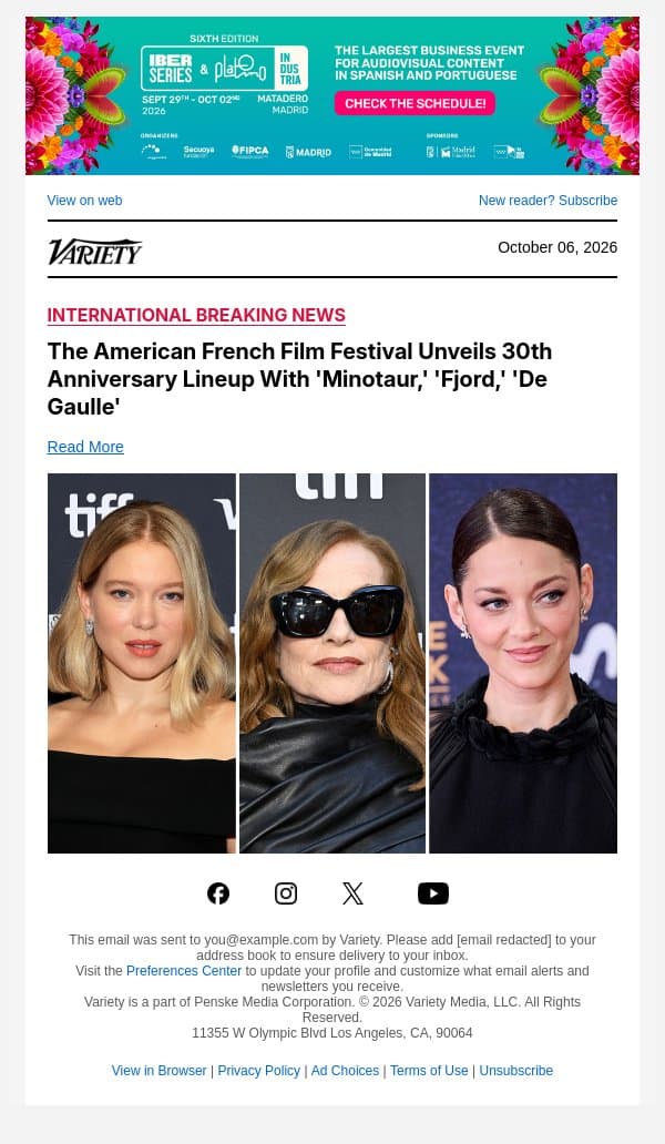 The American French Film Festival Unveils 30th Anniversary Lineup With 'Minotaur,' 'Fjord,' 'De Gaulle' email from Variety screenshot