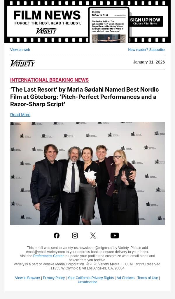 ‘The Last Resort’ by Maria Sødahl Named Best Nordic Film at Göteborg: 'Pitch-Perfect Performances and a Razor-Sharp Script' email from Variety screenshot