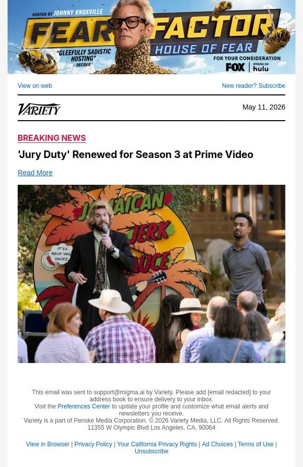 'Jury Duty' Renewed for Season 3 at Prime Video email from Variety screenshot