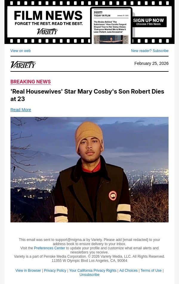 'Real Housewives' Star Mary Cosby's Son Robert Dies at 23 email from Variety screenshot