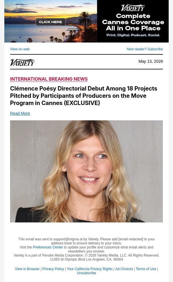 Clémence Poésy Directorial Debut Among 18 Projects Pitched by Participants of Producers on the Move Program in Cannes (EXCLUSIVE) email from Variety screenshot
