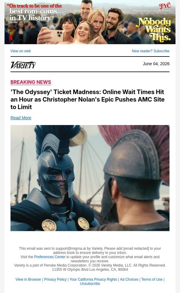 'The Odyssey' Ticket Madness: Online Wait Times Hit an Hour as Christopher Nolan's Epic Pushes AMC Site to Limit email from Variety screenshot