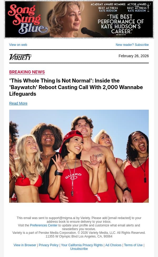 'This Whole Thing Is Not Normal': Inside the 'Baywatch' Reboot Casting Call With 2,000 Wannabe Lifeguards email from Variety screenshot