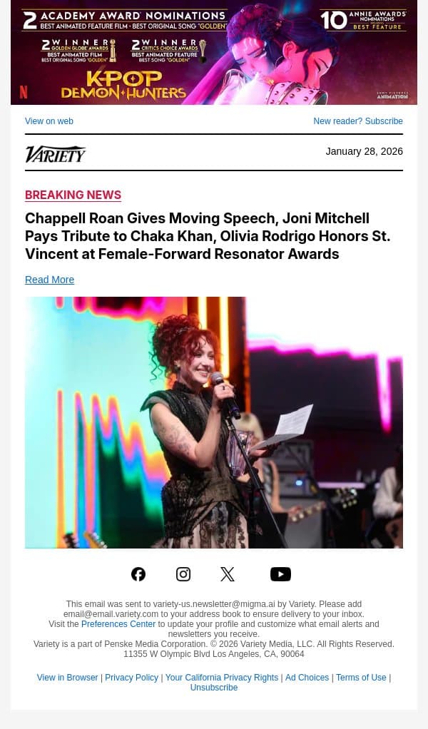 Chappell Roan Gives Moving Speech, Joni Mitchell Pays Tribute to Chaka Khan, Olivia Rodrigo Honors St. Vincent at Female-Forward Resonator Awards email from Variety screenshot