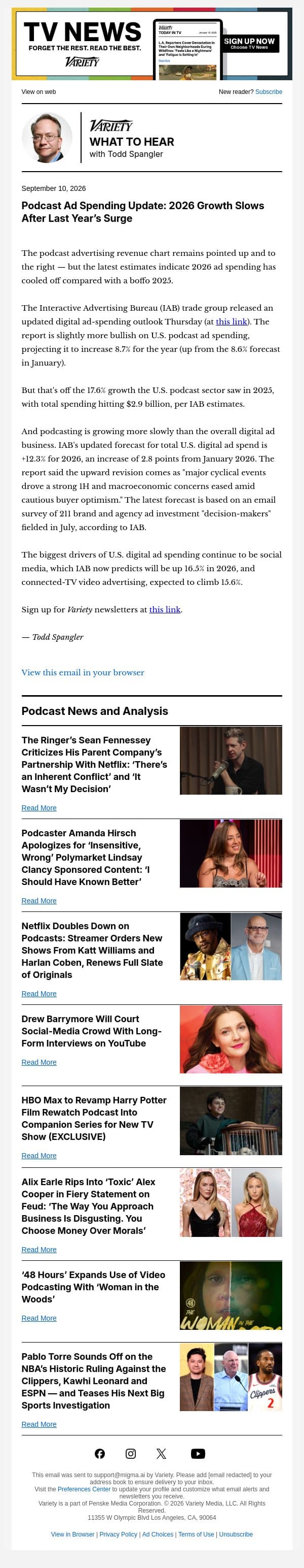 What to Hear Podcast Newsletter: 2026 Podcast Ad Revenue Forecast Update; The Ringer Host Slams His Company's Netflix Deal; Amanda Hirsch Apologies for Her Sponsored Polymarket Content Promoting Bets on Lindsay Clancy Verdict; and More email from Variety screenshot