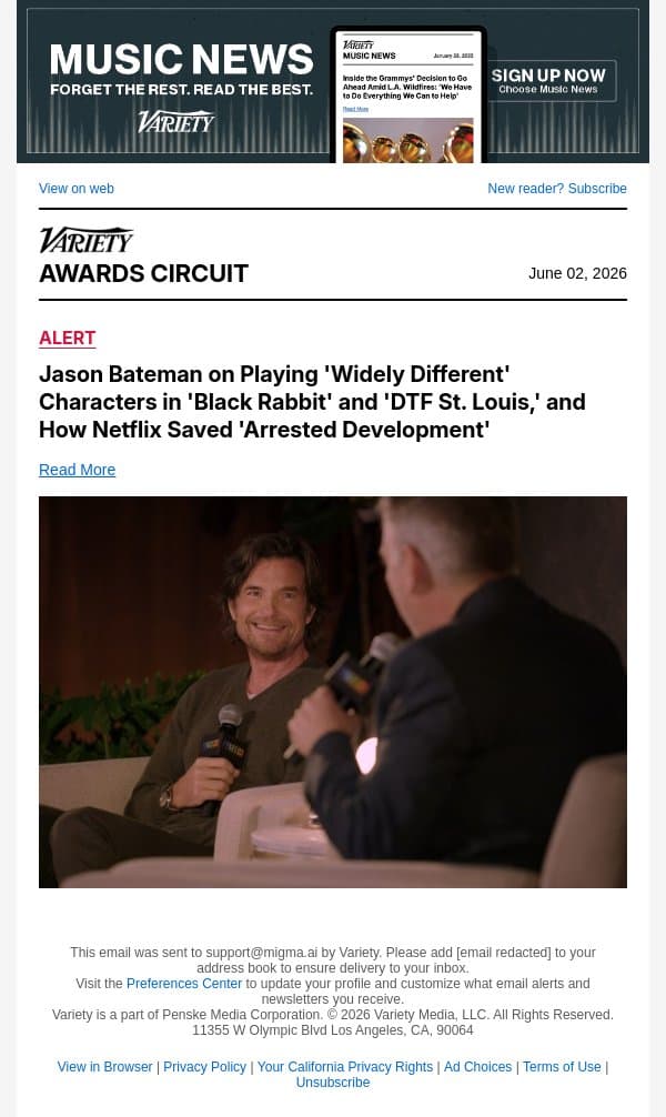 Jason Bateman on Playing 'Widely Different' Characters in 'Black Rabbit' and 'DTF St. Louis,' and How Netflix Saved 'Arrested Development' email from Variety screenshot