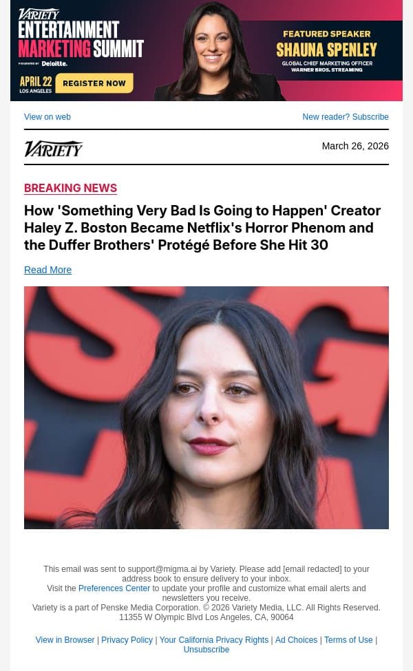 How 'Something Very Bad Is Going to Happen' Creator Haley Z. Boston Became Netflix's Horror Phenom and the Duffer Brothers' Protégé Before She Hit 30 email from Variety screenshot